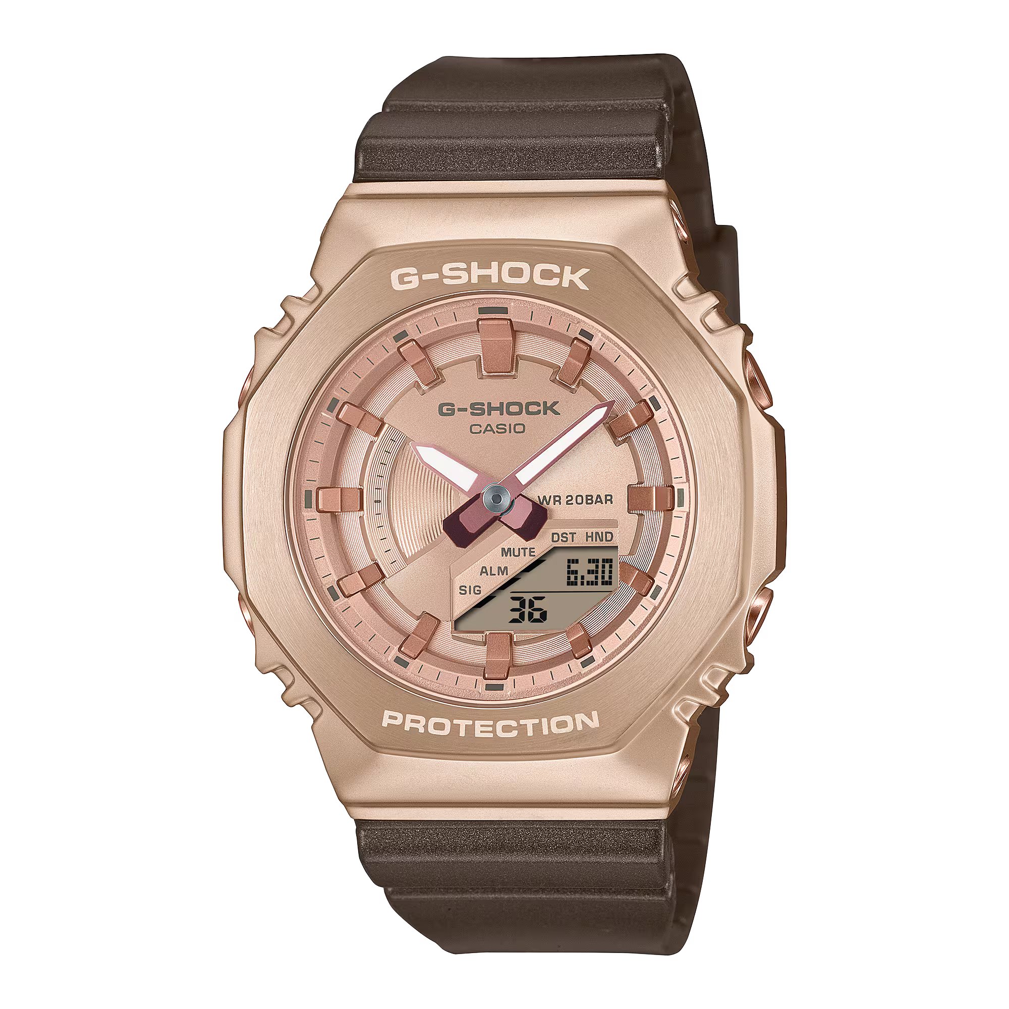 Casio G-SHOCK 奢華桃紅金色錶圈棕色珠光錶帶指針數碼女士手錶 GM-S2100CB-5A