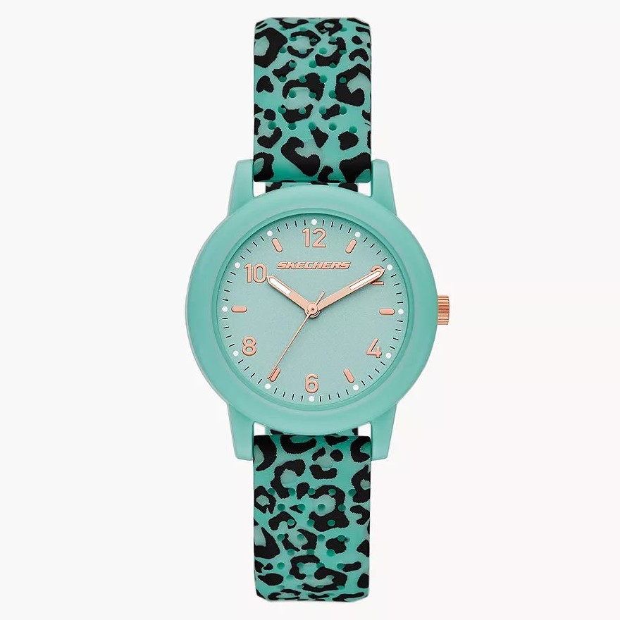 Skechers TOLUCA 34mm薄荷色錶盤豹紋矽膠錶帶女士石英手錶 SR6273