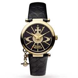Vivienne Westwood Orb II Black Gold with Leather Strap Women's Quartz Watch VV006BKGD