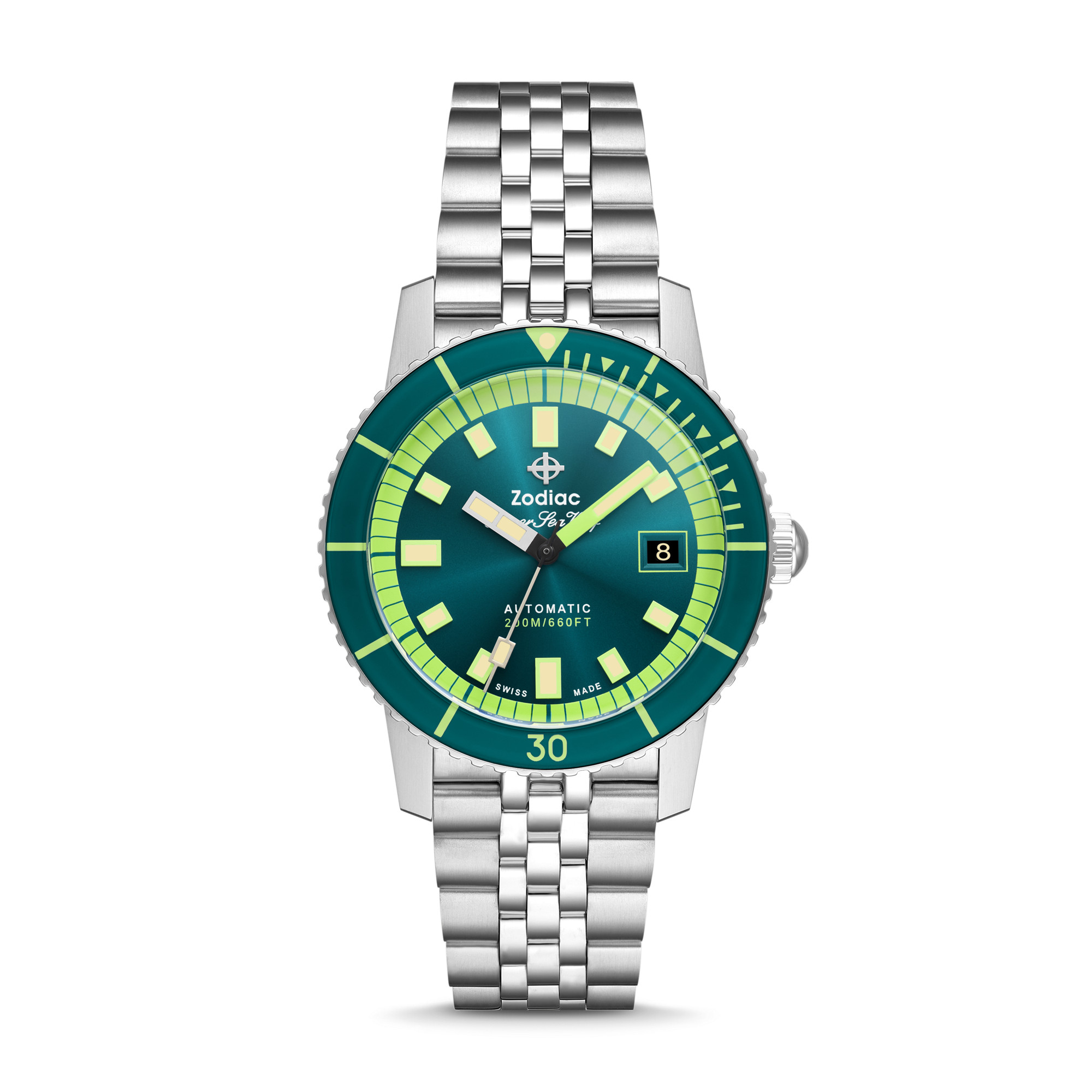 Zodiac Super Sea Wolf Compression Diver II 綠色太陽紋錶盤不鏽鋼機械手錶 ZO9310