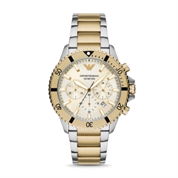 Emporio Armani Gold Three Eye Chronograph Dial Gold Silver Stainless Steel Quartz Men's Watch AR11606