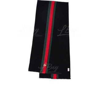 Gucci 黑色紅綠條紋蜜蜂刺繡圍巾/頸巾