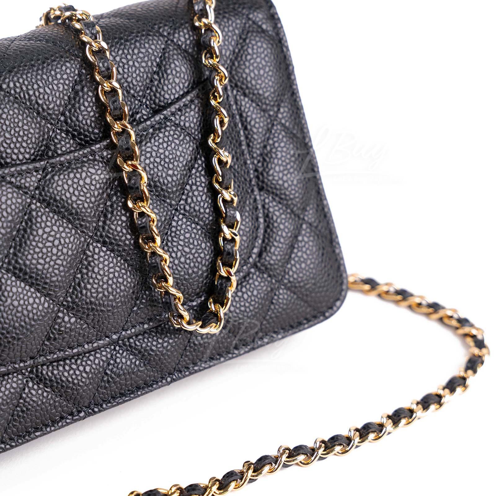 CHANEL-Chanel Grained Calfskin Chain Handbag WOC Black Gold AP0250