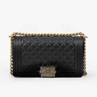 Chanel Boy Calfskin Medium 25cm Handbag Black Gold CC Logo A67086