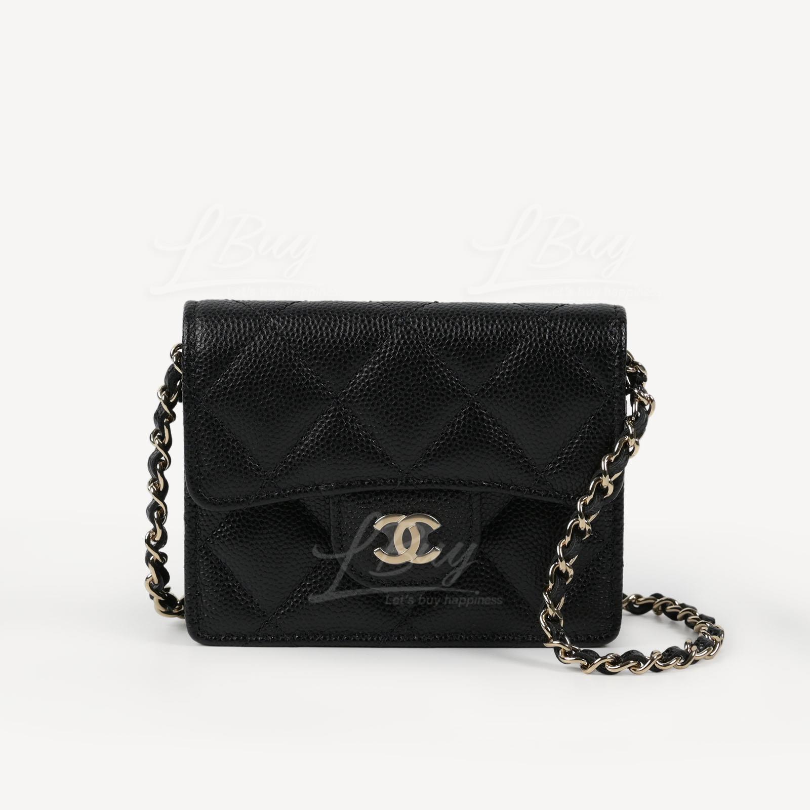 Chanel Black Caviar Leather Flap Card Holder With Chain