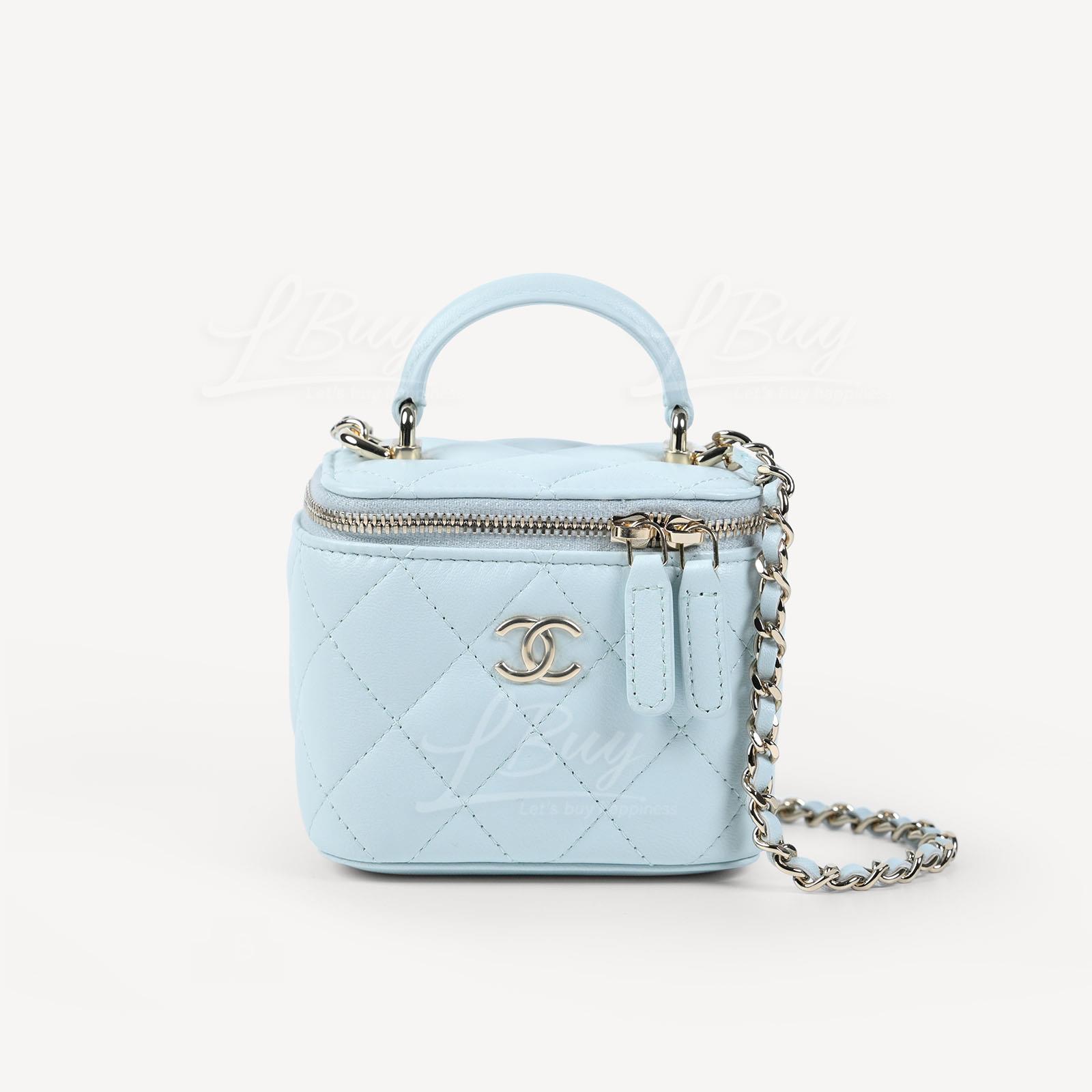 Chanel Light Blue Vanity Case with Top Handle and Chain AP2198
