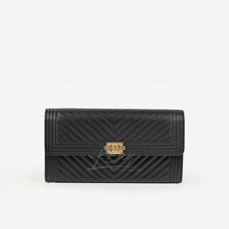 Chanel Boy Classic V Pattern Long Wallet with Gold Buckle