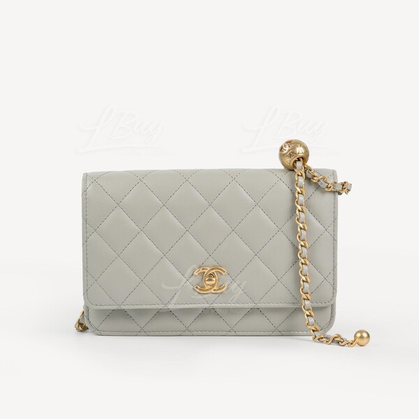 CHANEL-Chanel Gold Ball Light Grey Wallet On Chain