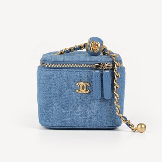 Chanel 牛仔小金球藍色鏈條小號化妝袋