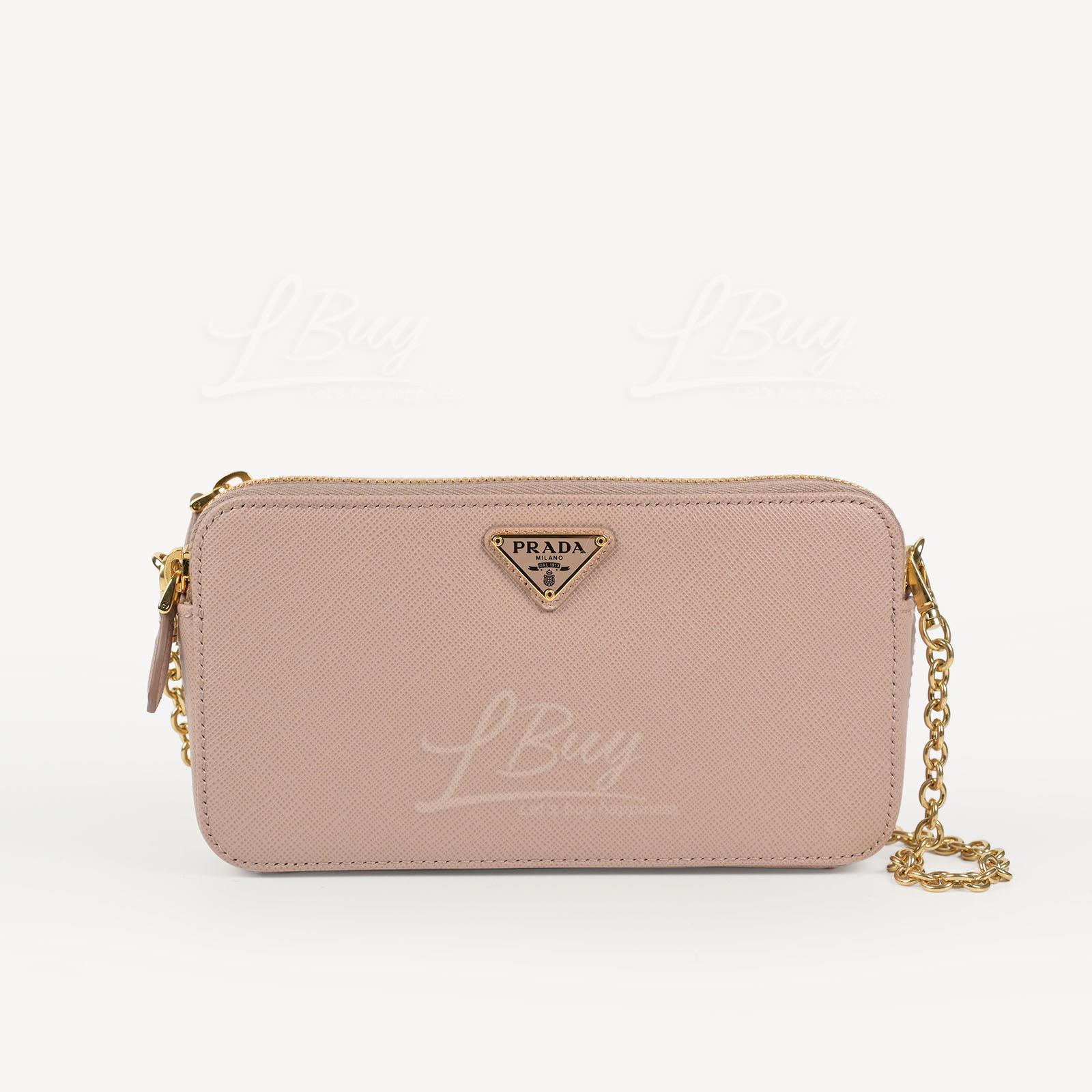 PRADA-Prada Saffiano Leather Double Zipper Pink Shoulder Bag Crossbody Bag