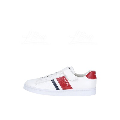 PRADA-Prada Calfskin White Sneaker with Red and Blue Trim