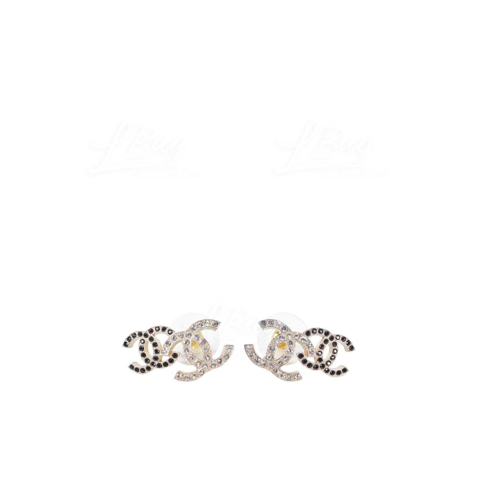 Chanel Gold and Black Rhinestone Double CC Logo Earrings AB9260