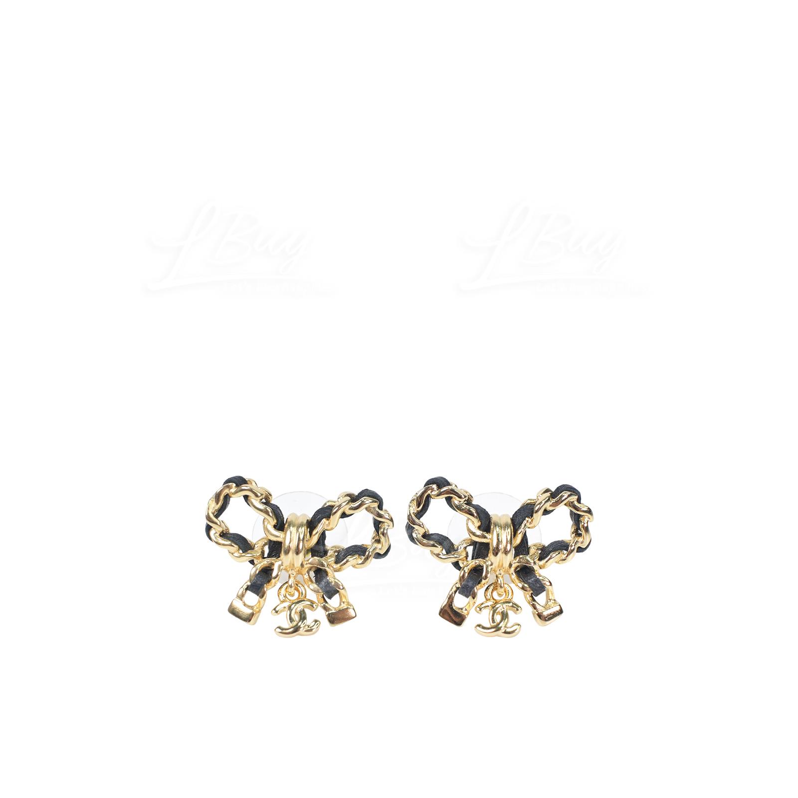 Chanel Leather Gold Bow CC Logo Earrings AB8827