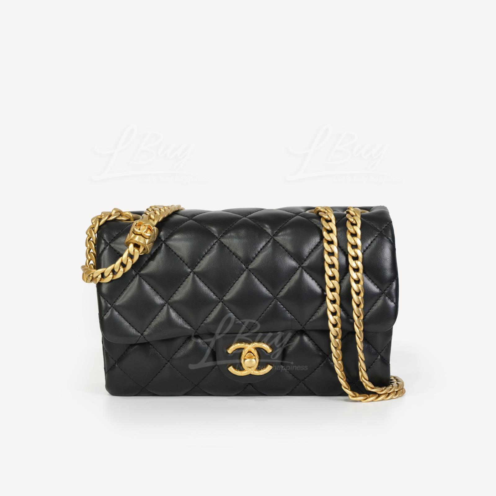 Chanel 调节小金扣 金色链带22cm黑色垂盖手袋 AS3393