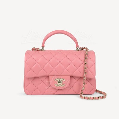 CHANEL-Chanel Pink Flap Bag with Light Gold Tone Metal and Top Handle AS2431