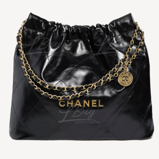 Chanel 22 Handbag Gold Colour Logo Shiny Calfskin Medium Black Bag AS3261