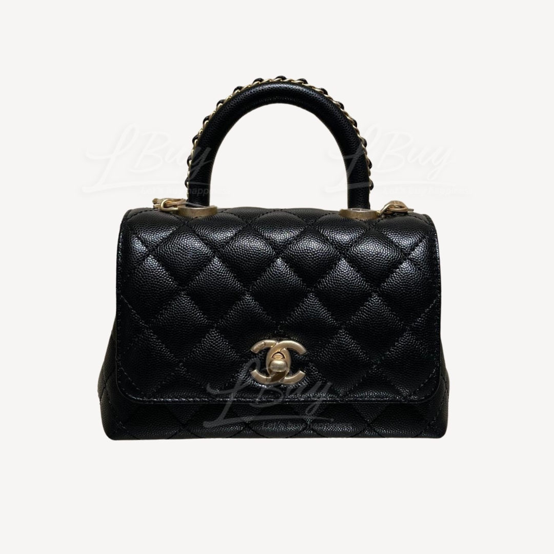 CHANEL-Chanel Mini Coco Handle 19cm Black Leather Chain Handle Flap Bag  Handbag AS2215