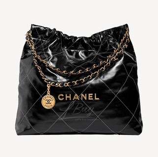 Chanel 22 Handbag 金色Logo光面小牛皮白線黑色中號手袋 AS3261