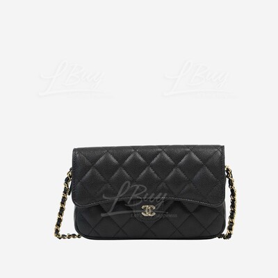 CHANEL-Chanel Black Grained Calfskin Gold CC Logo Phone Holder with Chain  Handbag AP2096