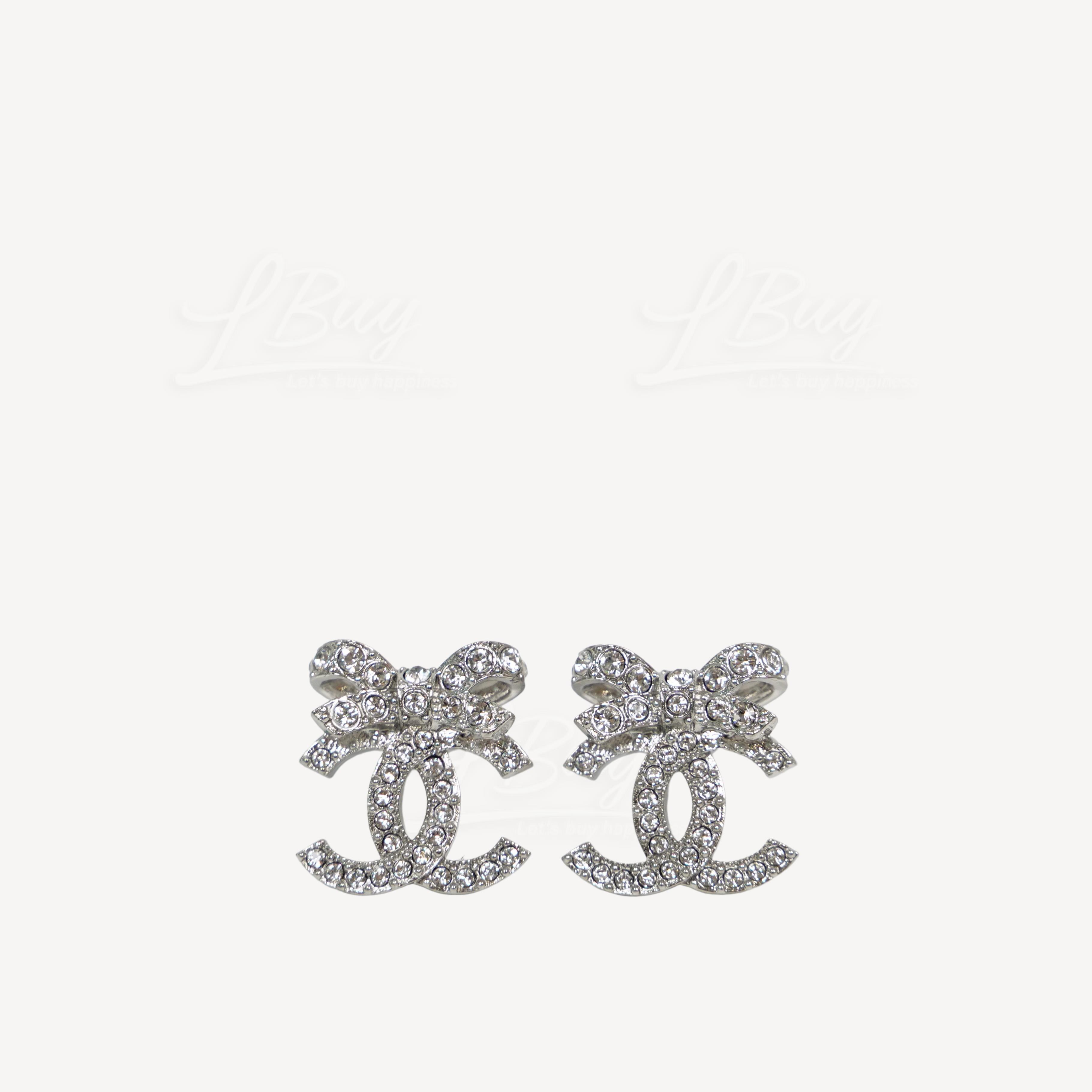 Chanel Silver Rhinestone Bow CC Logo Earrings ABA922
