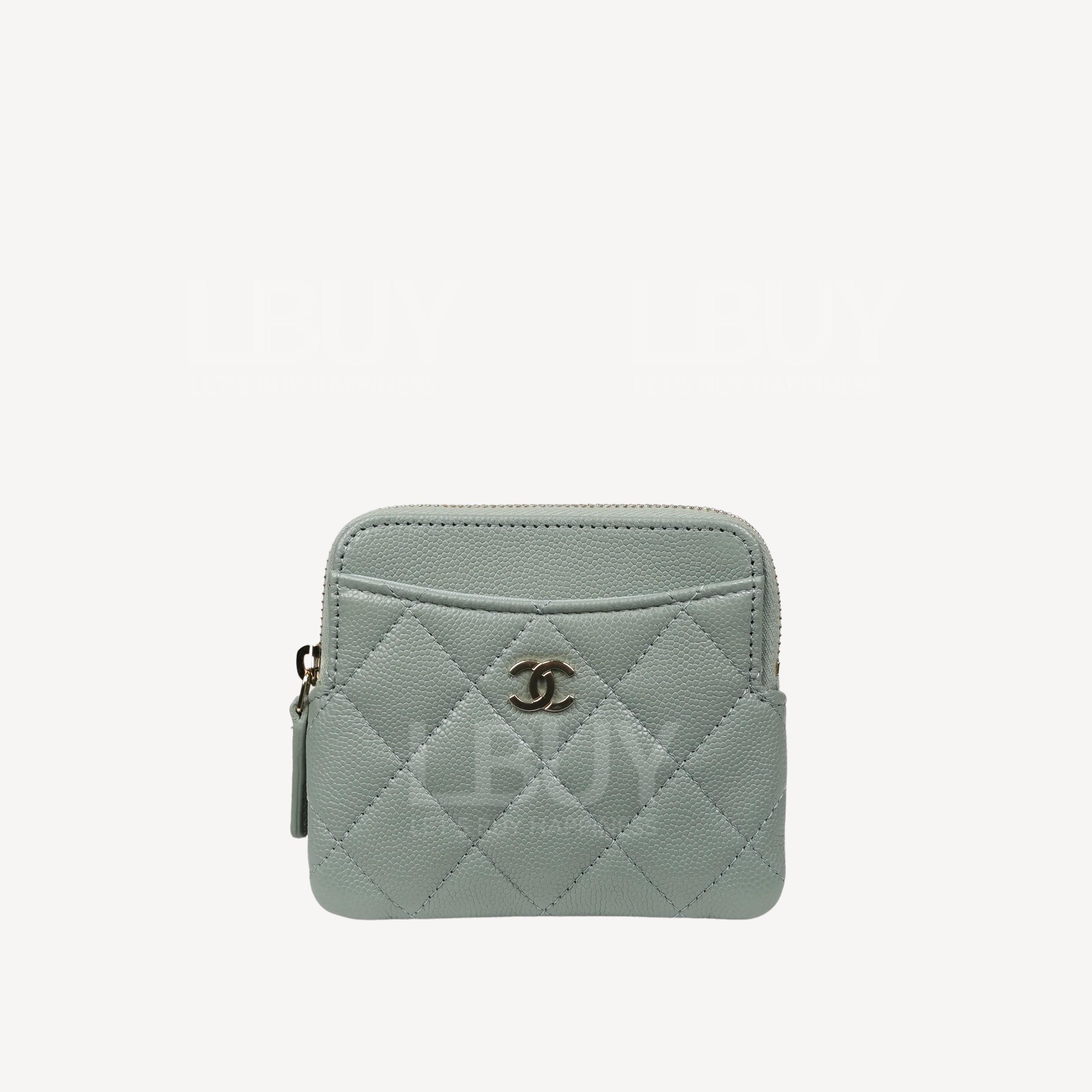 Chanel 金色 CC Logo 灰綠色粒紋小牛皮拉鍊銀包卡包 金扣 AP2061