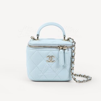 Chanel Light Blue Vanity Case with Top Handle and Chain AP2198