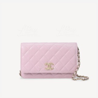 Chanel Gold CC Logo Grained Calfskin Chain Handbag Light Pink WOC AP2960