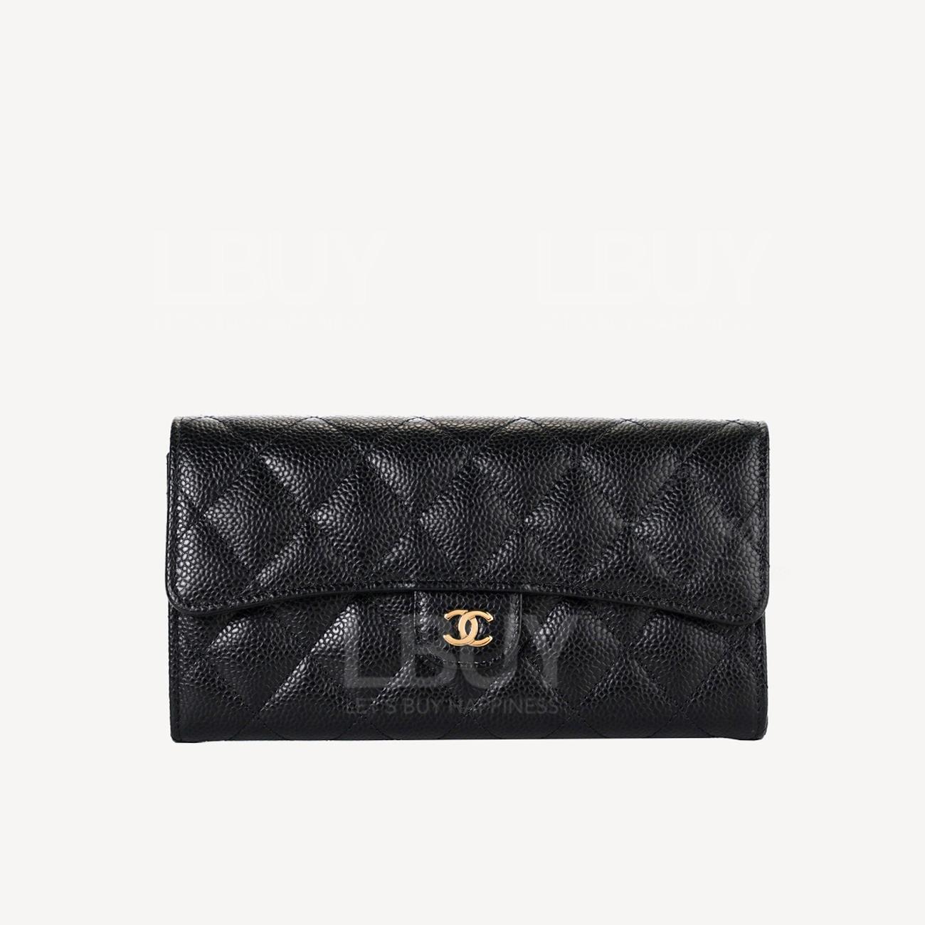 Chanel经典垂盖长银包 黑色配金色CC Logo