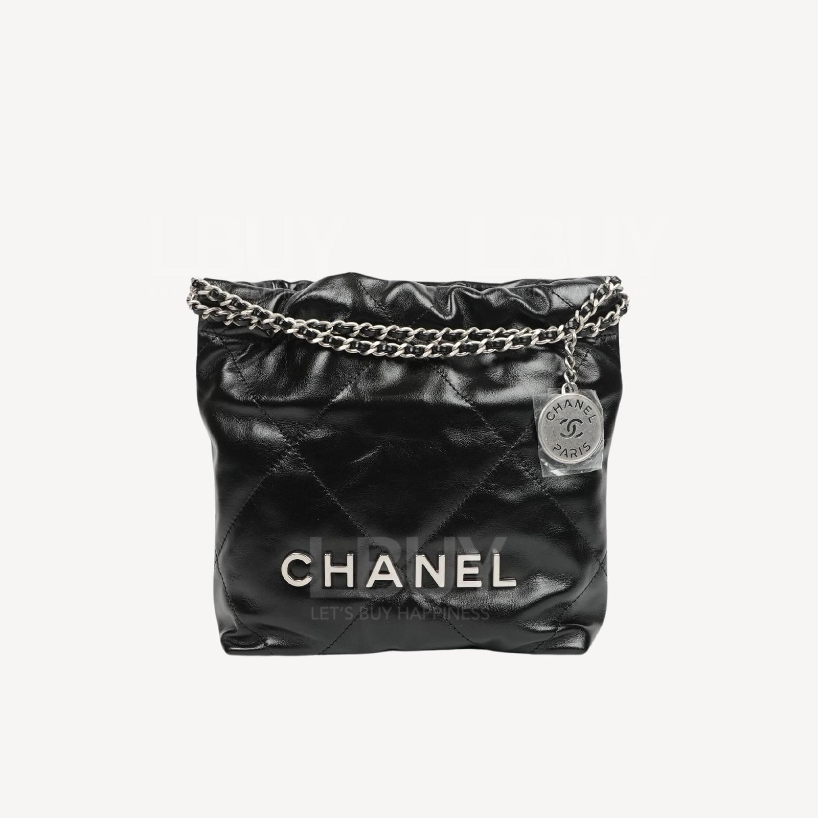 Chanel 22 Mini Handbag 銀色Logo光面小牛皮黑色迷你手袋 AS3980