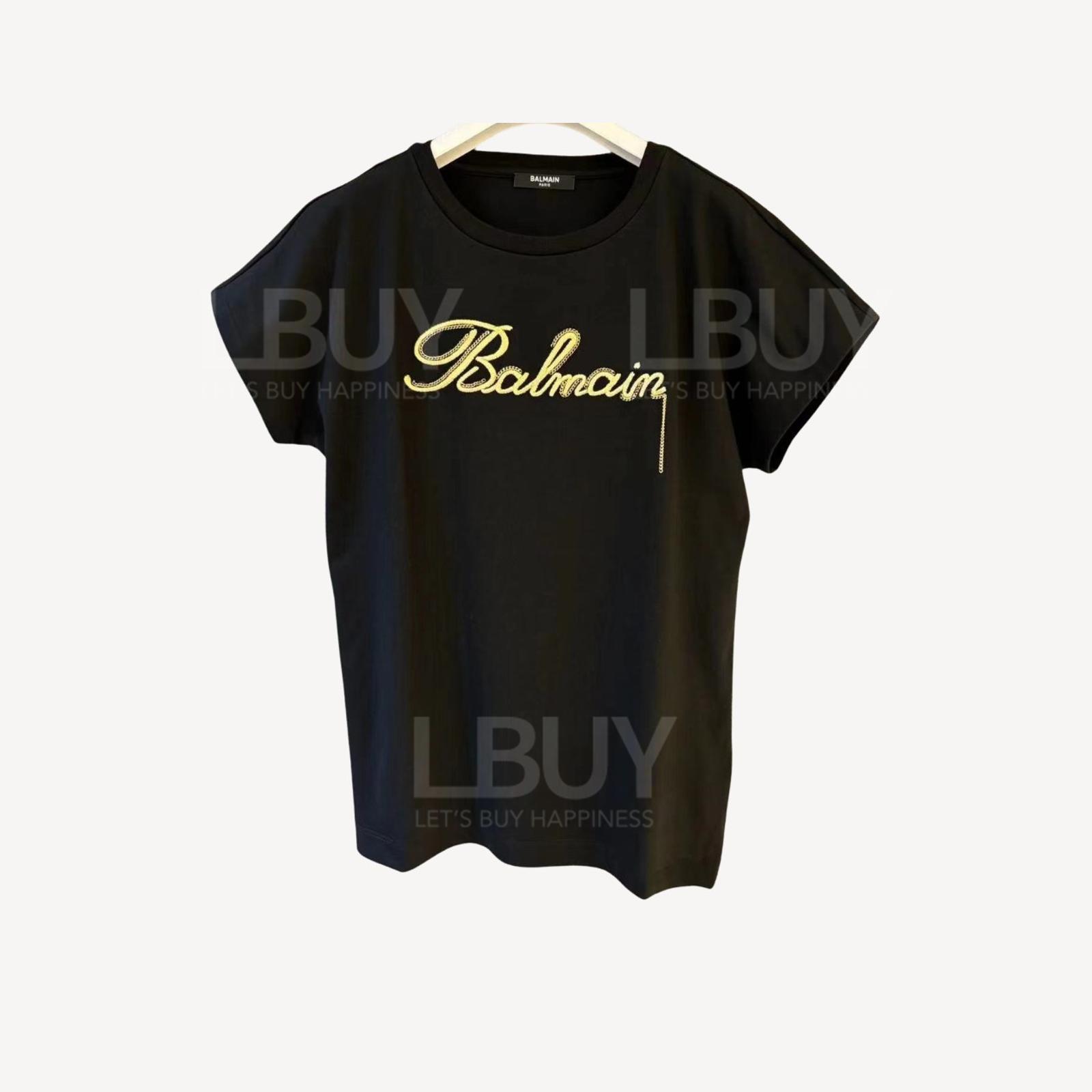 Balmain 黑色拼刺绣金色logo短袖T恤