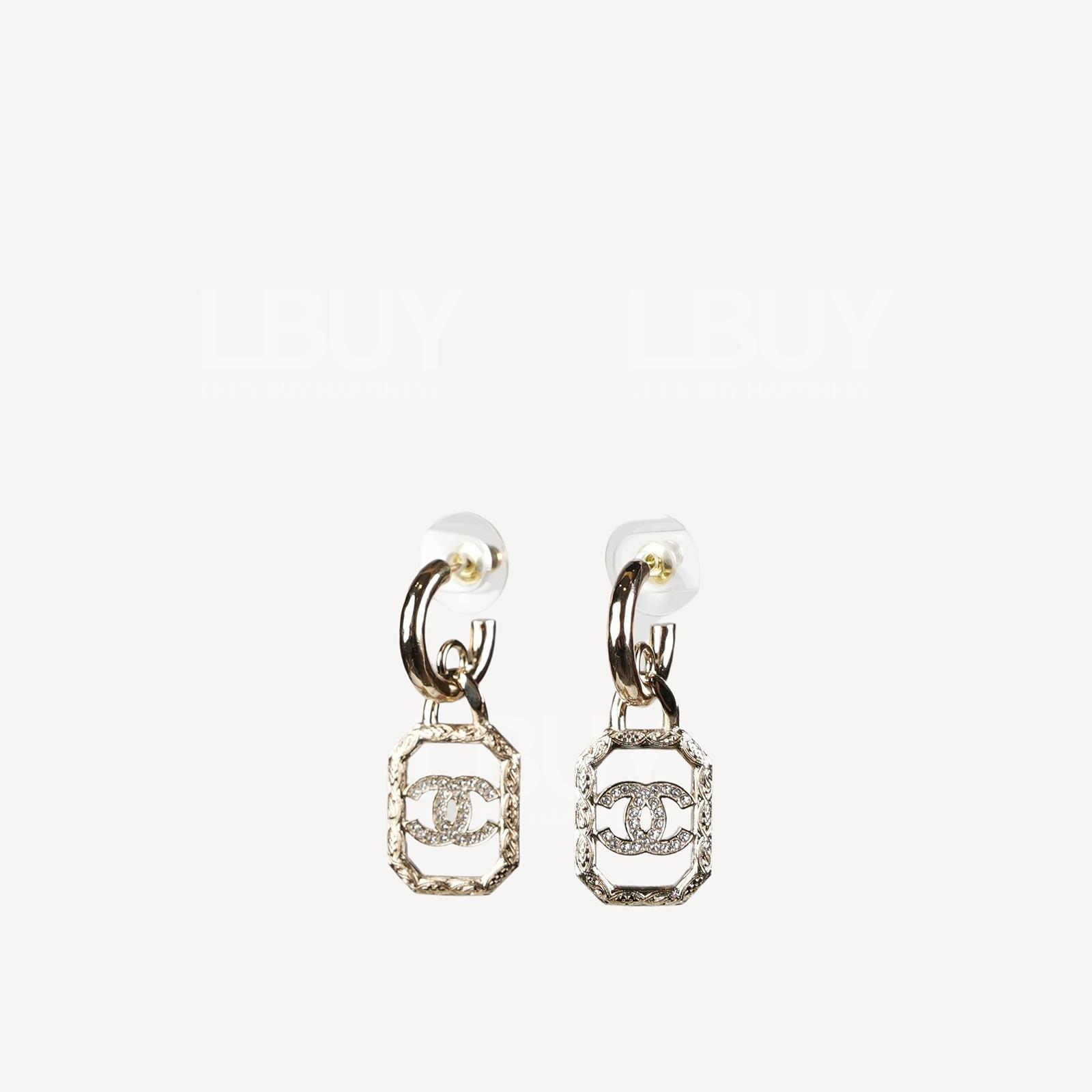 Chanel Rhinestone CC Logo Gold Frame-Shaped Pendant Earrings ABB856