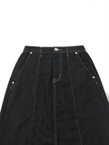Frayed Hem Contrast Stitched Denim Skirt 