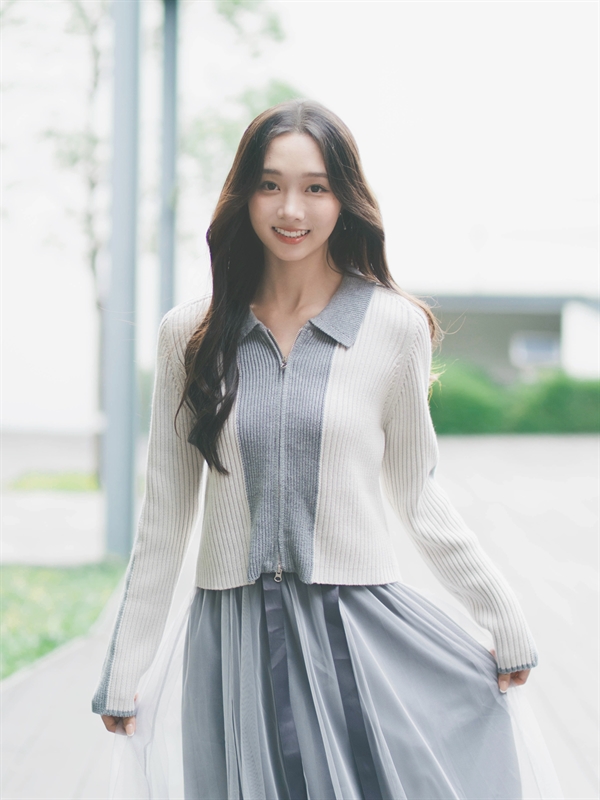 Color Block Zip Up Cardigan 