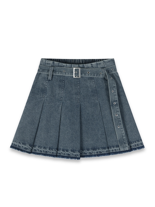 Pleated Denim Skirt With Belt