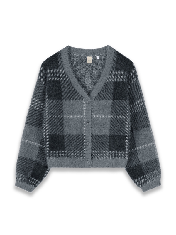 Tartan Pattern Furry Knit Cardigan