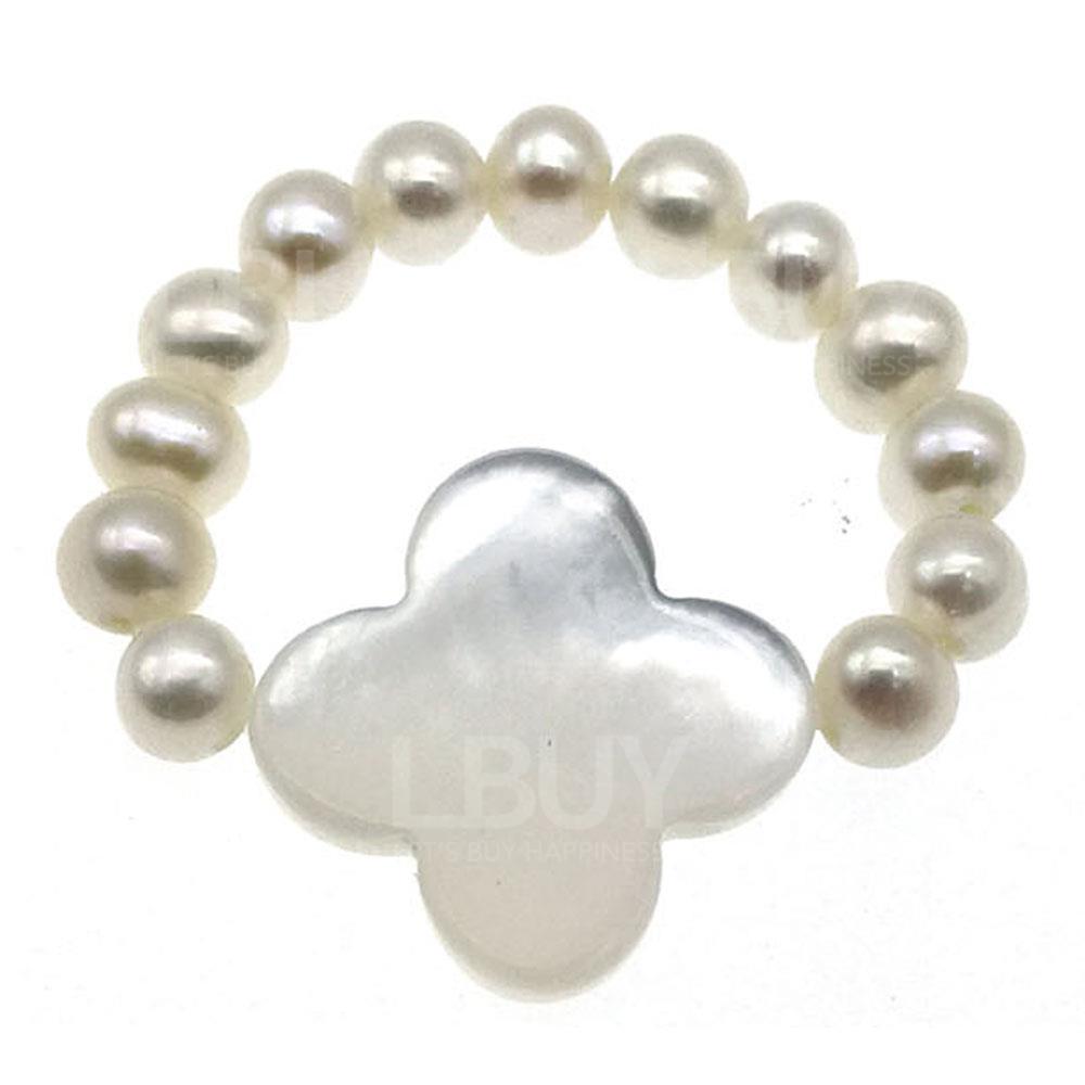 Black Agate with Cultured Fresh Water Pearl Elastic Ring