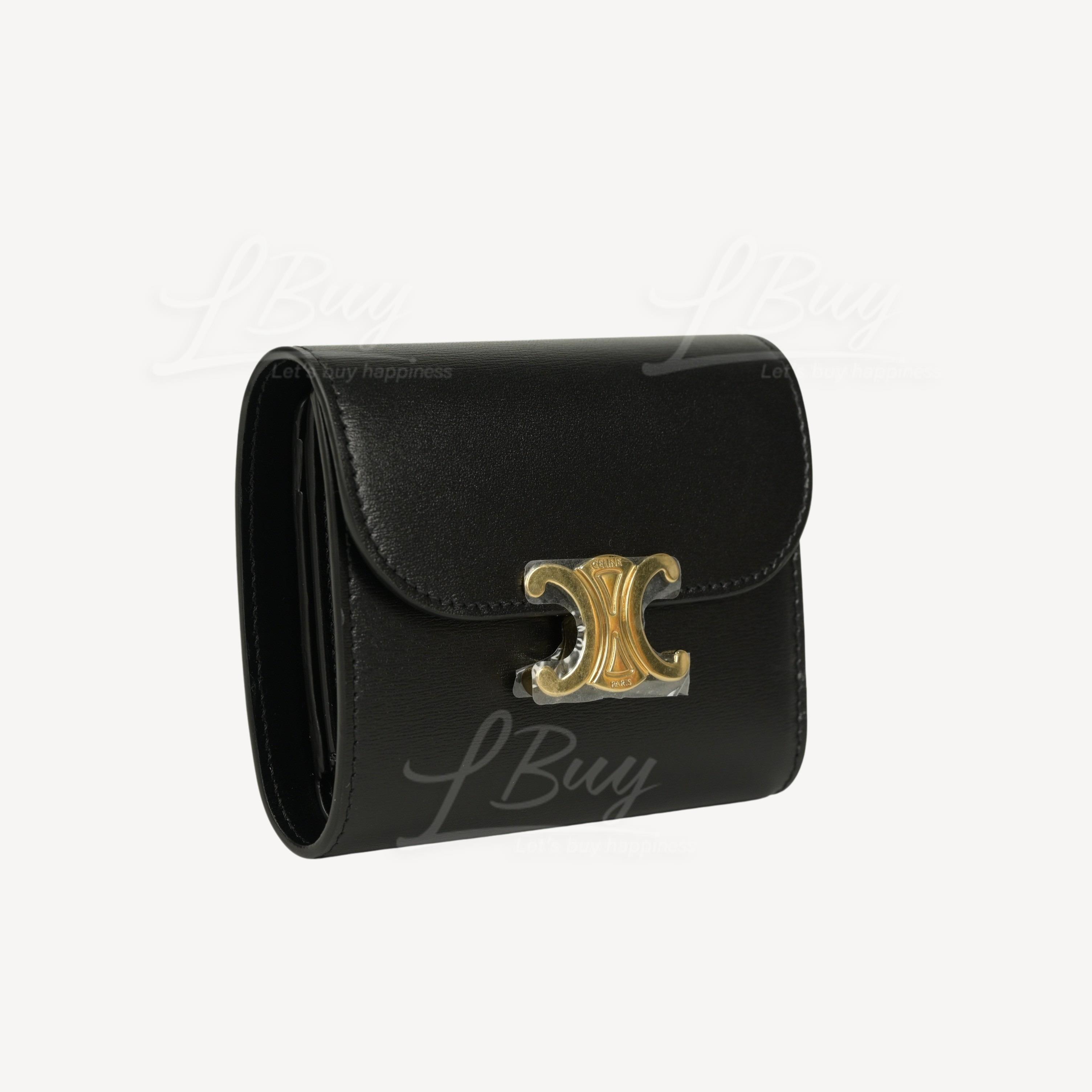 Celine-CELINE Triomphe Shiny Calfskin Small Flap Wallet Black