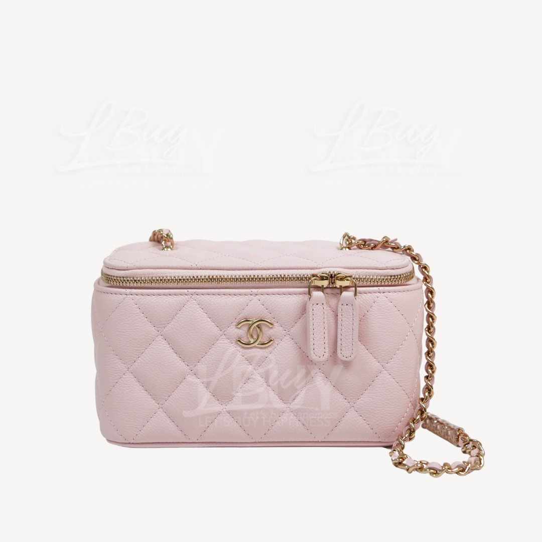 Chanel Mirror Grained Calfskin Long Vanity Case with CC Chain Light Pink