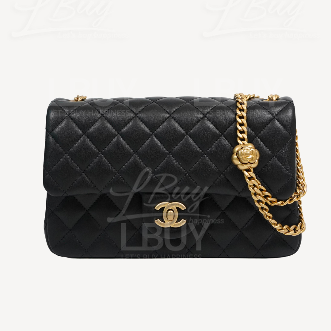 香奈儿-Chanel 山茶花调节扣链带金色CC Logo 内拼桃红色23cm黑色垂盖手袋AS4064