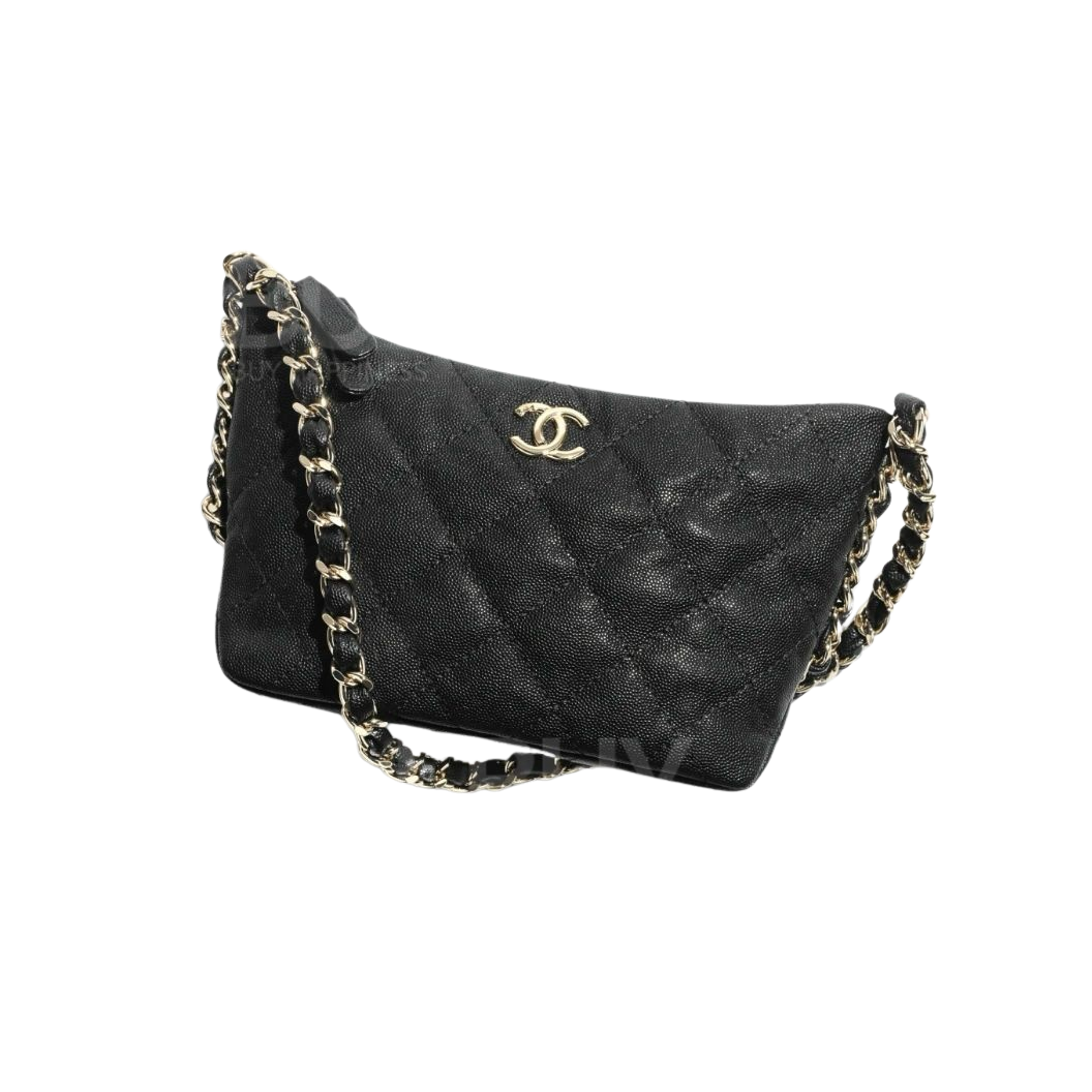 Chanel Black Shiny Grained Calfskin Gold CC Logo Hobo Handbag Small Model AS4320