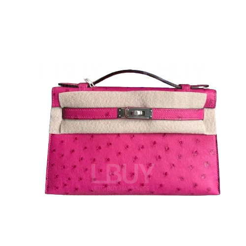 Hermes Pochette Mini Kelly 鴕鳥皮 玫瑰紫色 銀扣