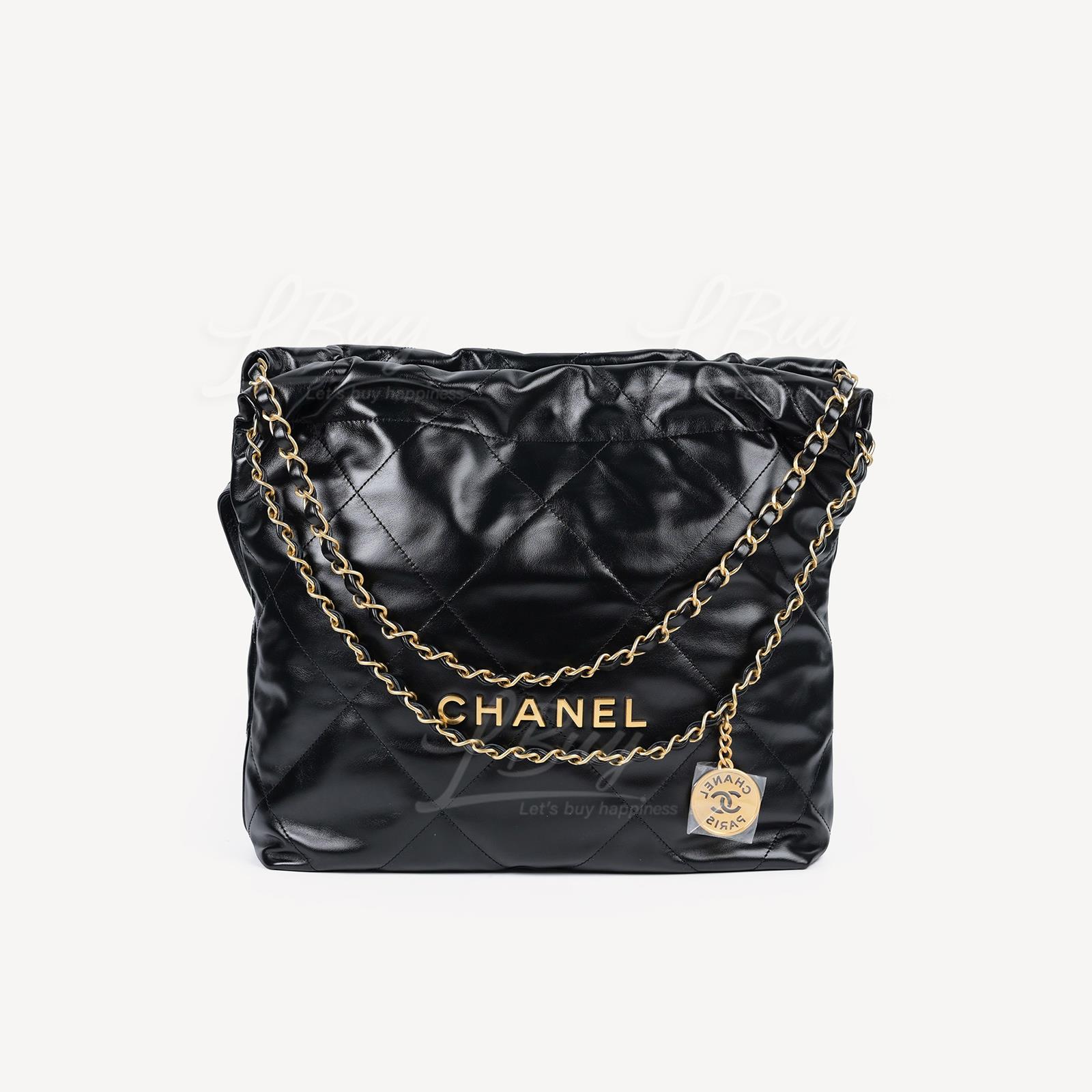 Chanel 22 Handbag Gold Colour Logo Shiny Calfskin Small Black Bag AS3260