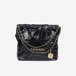 Chanel 22 Handbag 金色Logo光面小牛皮黑色小號手袋 AS3260