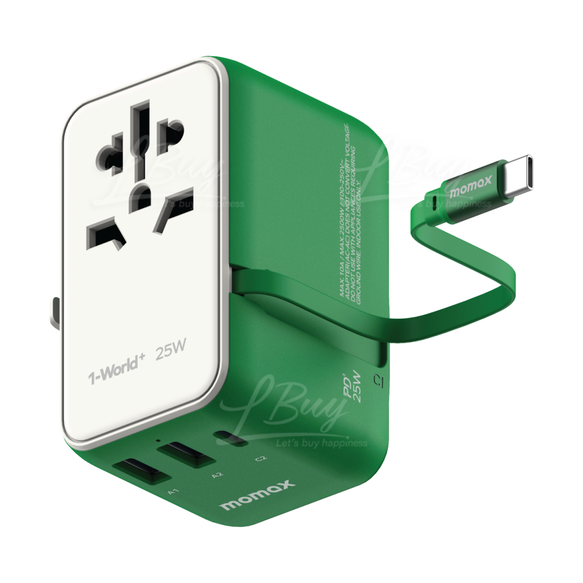MOMAX 1-World+ 25W GaN3-插口內建 USB-C 充電線+ AC 旅行充電插座 UA20 綠