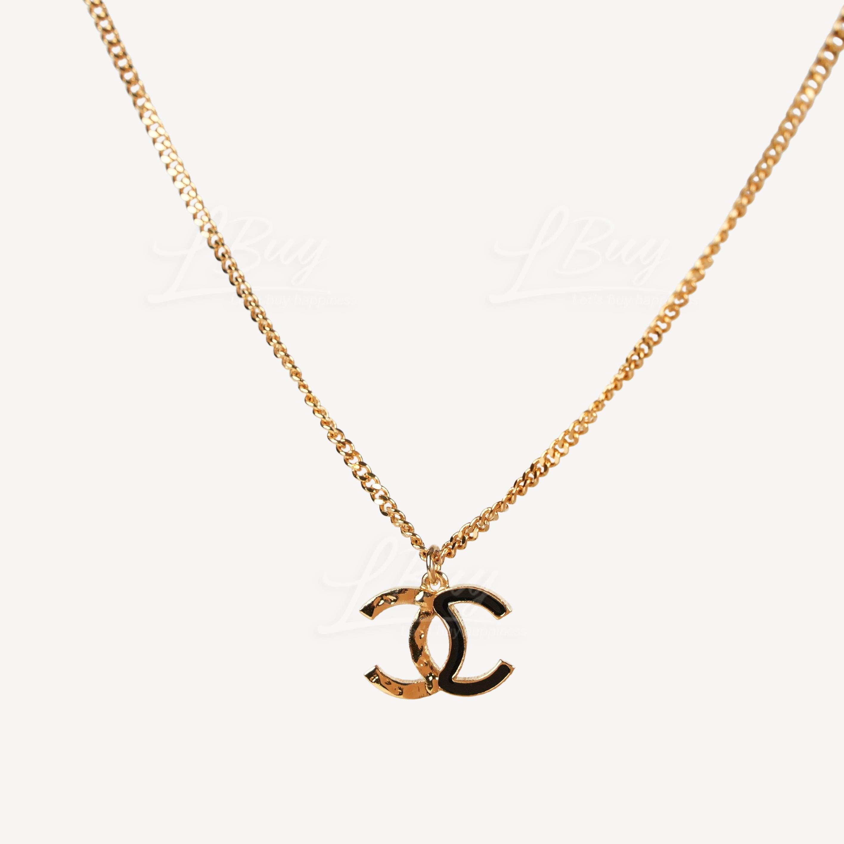 Chanel Black Enamel CC Logo Gold Necklace ABC480