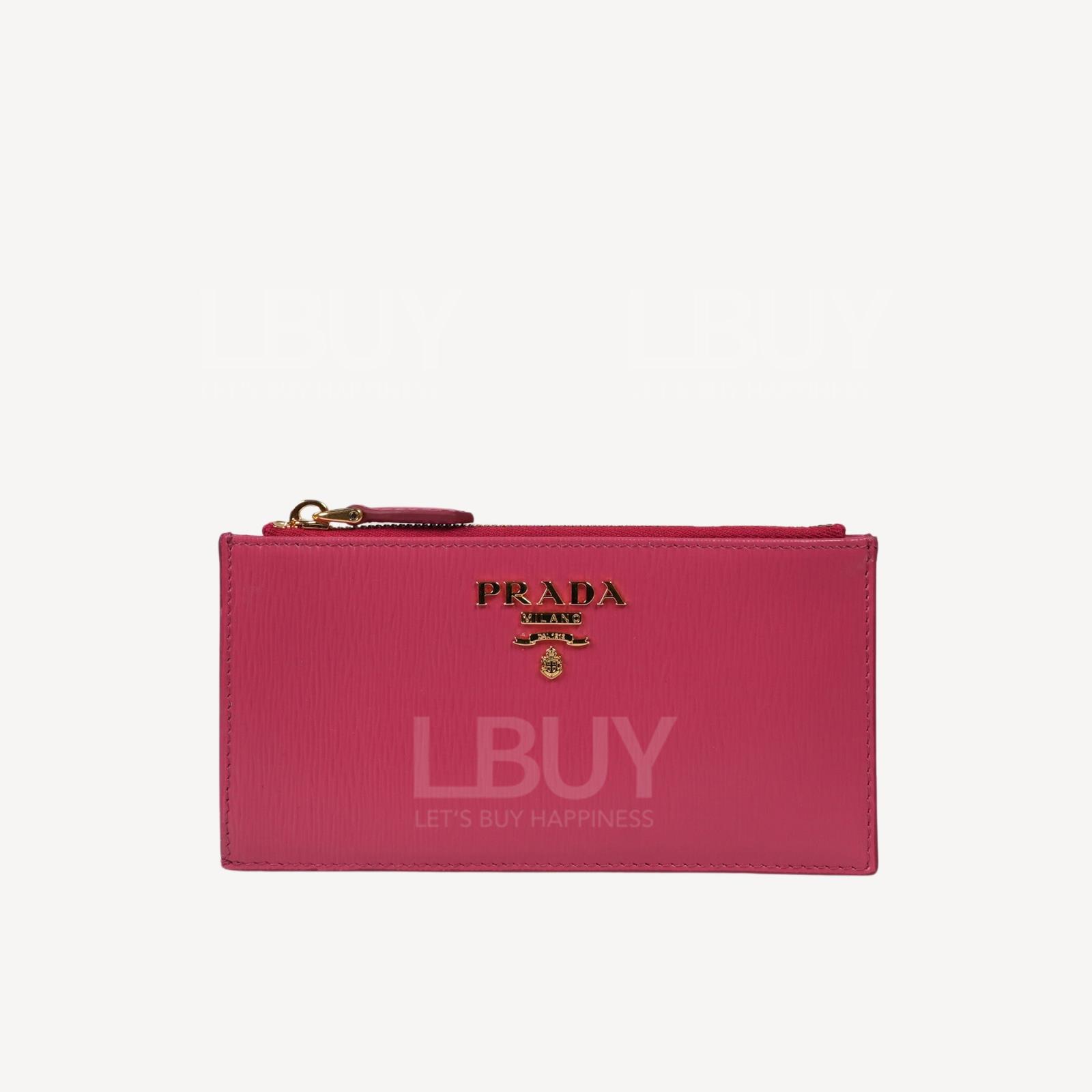 Prada Metal Logo Leather Zip Key Holder Coins Bag Pink 1MC079