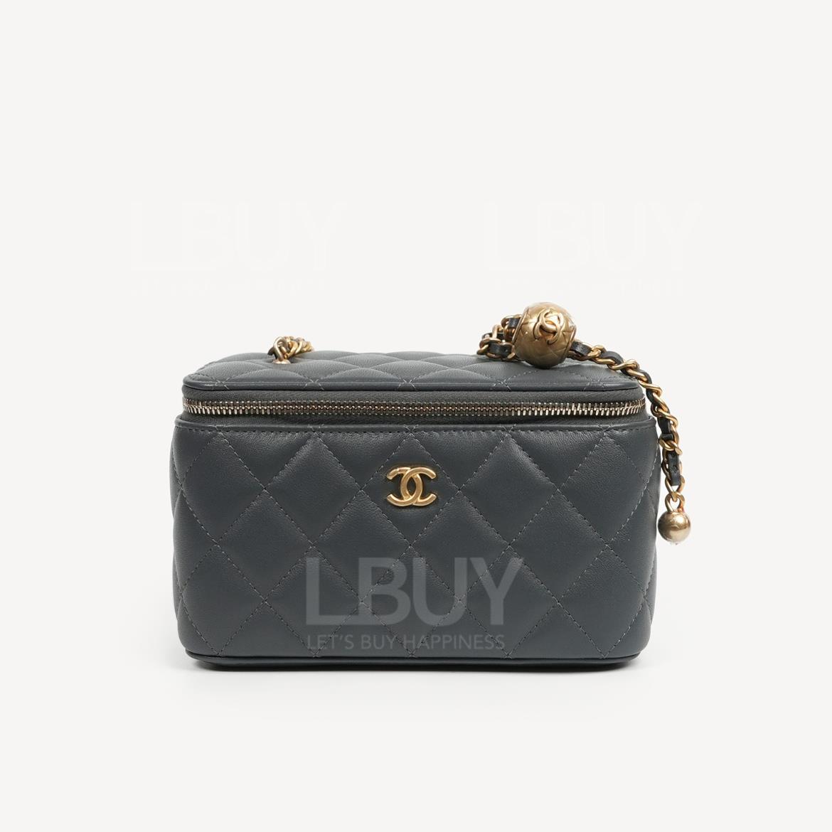 Chanel Vanity Case Dark Grey Gold Ball Mirror Base CC Logo Dark Grey Long Vanity Case with Chain AP2303