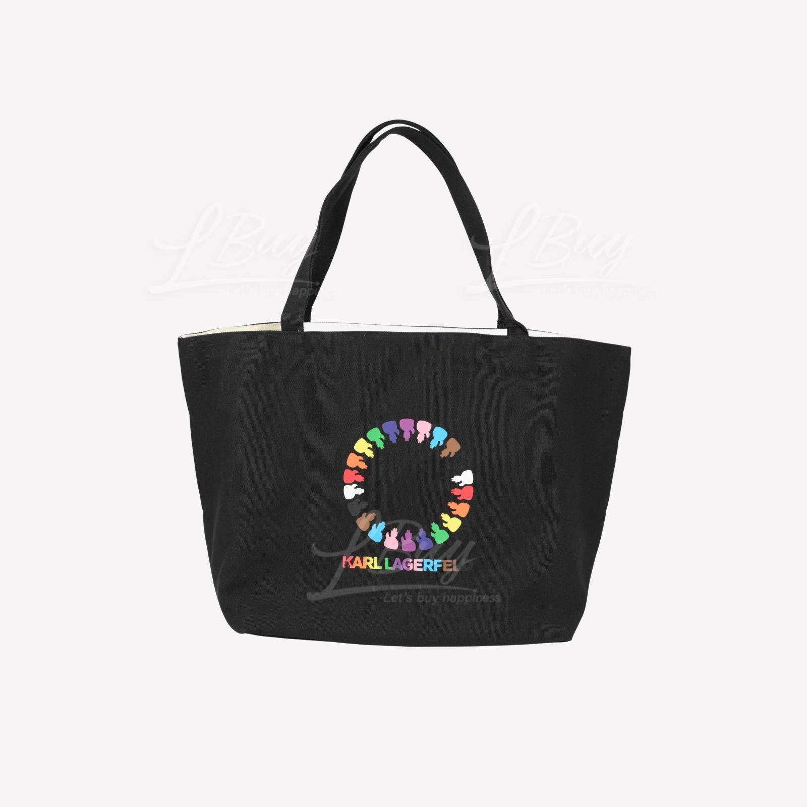 Karl Lagerfeld K/Love 彩色老佛爺 Logo 雙面帆布手提袋 黑色米白色