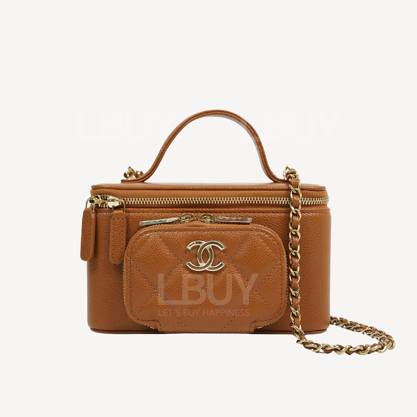 Chanel Grained Calfskin Gold CC Logo Caramel Chain Handle Long Vanity Case With Zipper Pocket AP2912