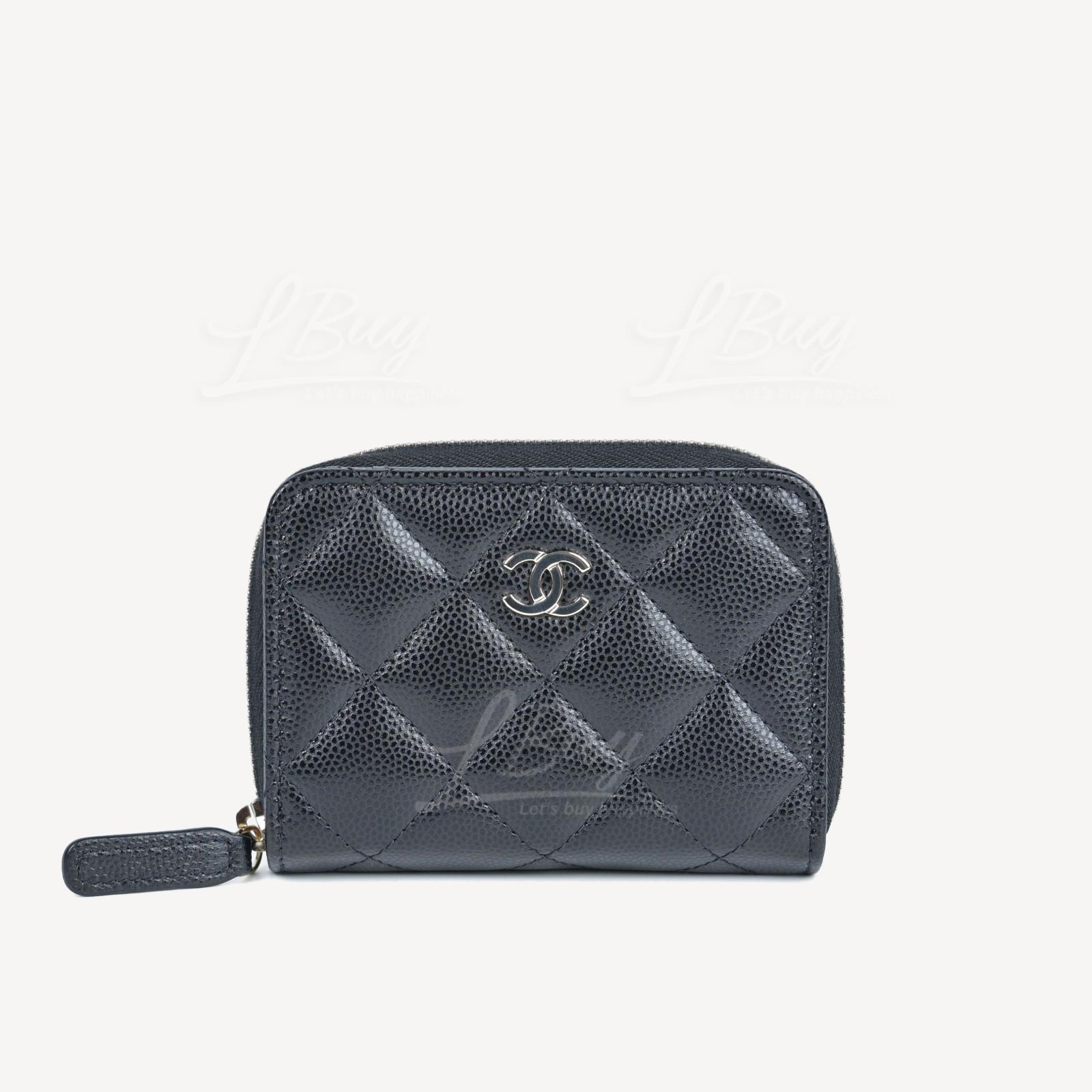 Chanel Button Zipper Coin Wallet Card Holder Black Gold CC Logo AP1958